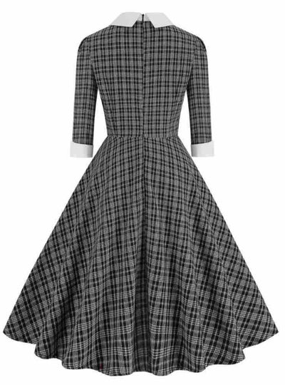 Retro Contrast Bow Plaid Long Sleeve Dress