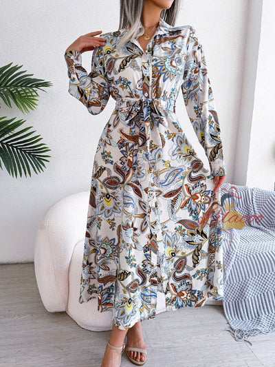 Retro Flower Lapel Lace-up Shirt Long Dress