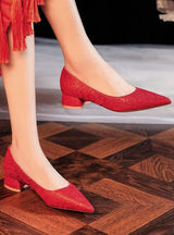 Short-heeled Pointed Red Wedding Shoes