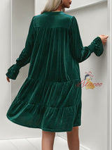 Long-sleeved V-neck Solid Color Velvet Dress