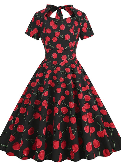 Retro Printed Short-sleeved Hepburn Floral Dress