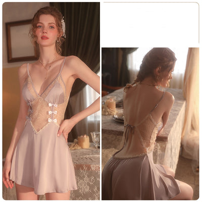 Bow Lace Perspective Suspender Nightdress