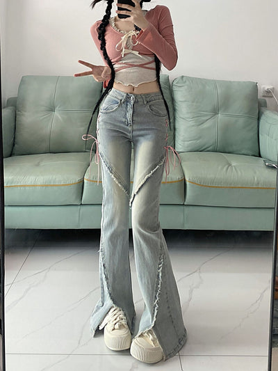 Split Horn Light Blue Lace Up Jeans