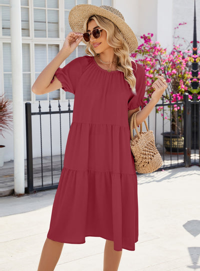 Round Neck Pleated Short Sleeve Dress