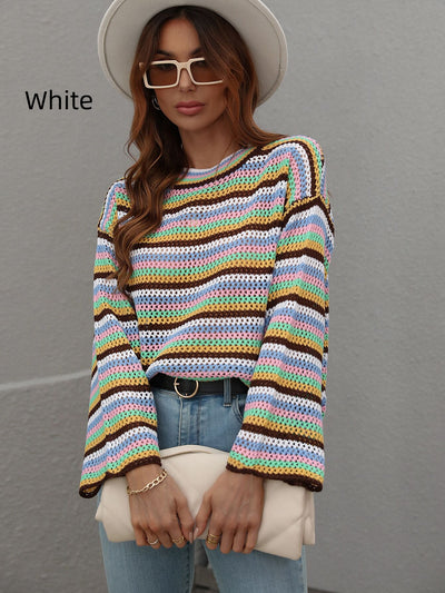 Spliced Loose Round Neck Striped Sweater