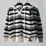 Striped Pullover Hooded Drawstring Knit Top Sweater