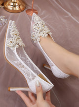 Summer Mesh Pointed High Heels Pearls Shoes