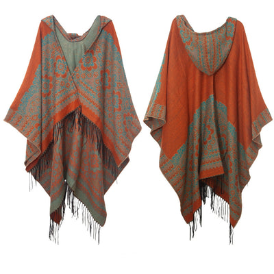 Ethnic Jacquard Hooded Fringed Cloak