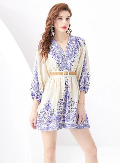 Palace Lantern Sleeve Printed Short Mini Dress