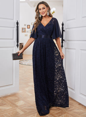 Navy Blue Lace V-neck Prom Dress