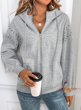 Solid Color Rivet Leisure Hooded Long Sleeve Jacket