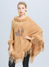 Embroidered Fur Collar Tassel Cloak Shawl