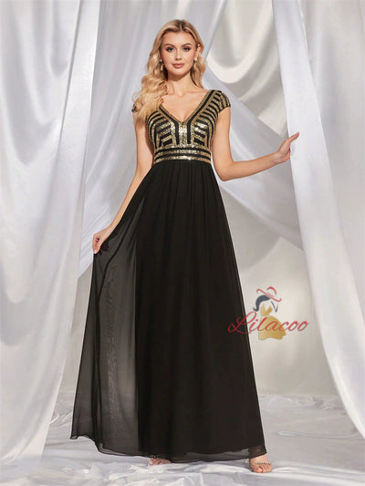 Green Chiffon Sequins V-neck Prom Dress