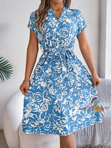 Casual V-neck Button Bat Sleeve Flower Dress