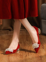 Thick-heeled Suede Red Wedding Shoes