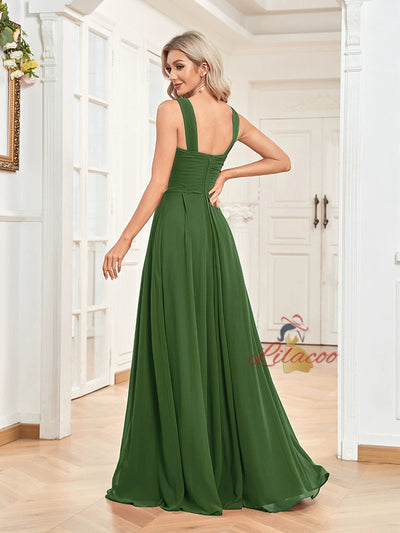 Green Chiffon Pleats Long Prom Dress