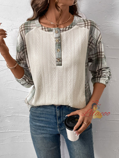 Plaid Stitching Long Sleeve Round Neck T-shirt