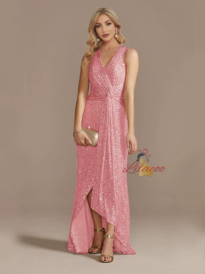 Champagne Sequins V-neck Split Prom Dress