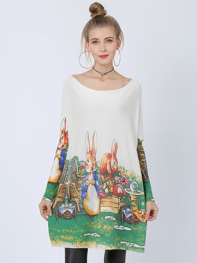 Cartoon Printed Rabbit Pullover Sweater