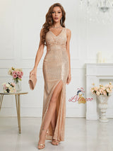 Champagne Sequins V-neck Prom Dress