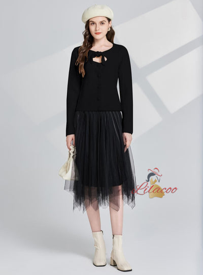 Hollow Bow Shiny Coat+Gauze Skirt Two-piece Set