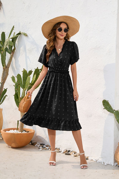 V-neck High Waist Short Sleeve Dress