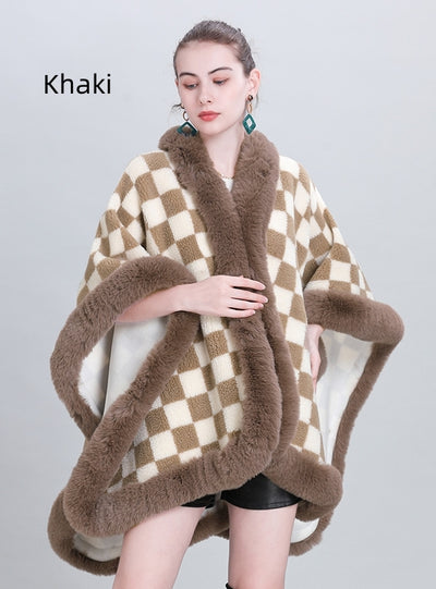 Thickened Plaid Fur Collar Cloak Shawl