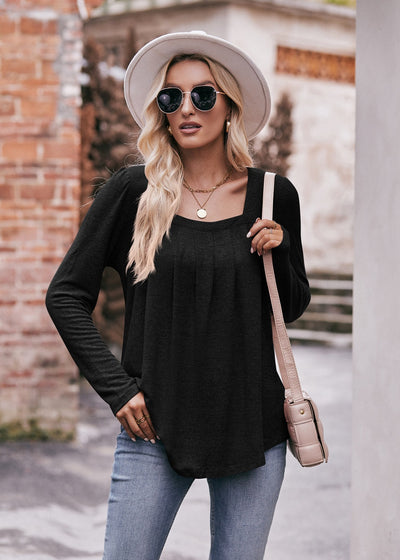 Casual Bubble Sleeve Pleated Long Sleeve T-shirt