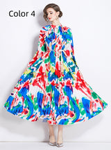 Printed Lantern Sleeve Pleated Tassel Belt Dress