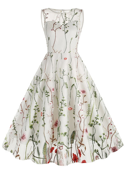 Round Neck Sleeveless Embroidered 50S Dress