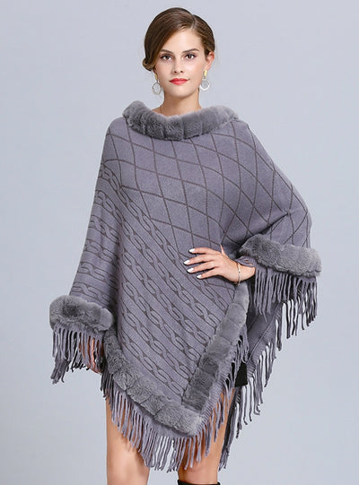 Wool Neck Jacquard Pullover Fringed Cloak Shawl