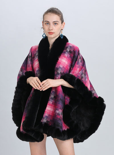 Plaid Padded Fur Collar Shawl Cloak