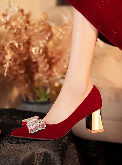 Red Bride Thick Heels Wedding Shoes