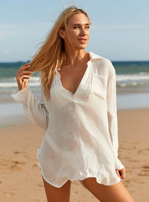 Beach Bikini Cover Up Long Sleeve Solid Color Shirt