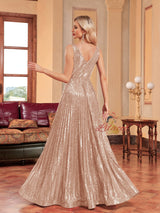 Champagne Sequins Deep V-neck Prom Dress