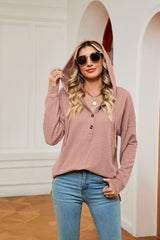 Solid Color Button Long Sleeve Hooded Loose Top