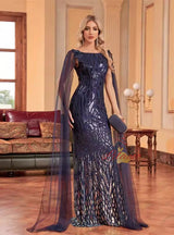 Navy Blue Mermaid Sequins Backless Prom Dress