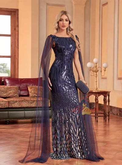 Navy Blue Mermaid Sequins Backless Prom Dress