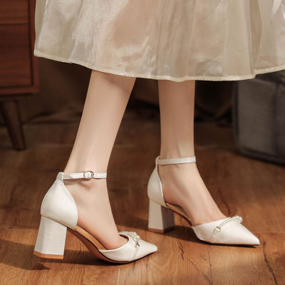 Thick-heeled Pearl Chain Satin Wedding Shoes