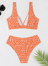 Split High Waist Leaf Printed Bikini