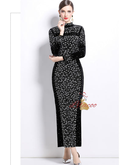 Heavy Industry Rhinestone Velvet Slim Dress