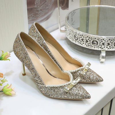 High-heeled Pointed Sequined Pearl Butterfly Wedding Shoes