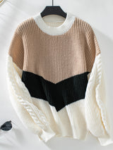 Contrasting Color Round Neck Loose Twisted Sweater