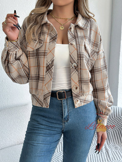 Plaid Fake Pocket Long Sleeve Jacket Coat