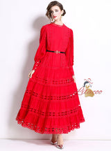 Round Neck Lantern Sleeve Long Lace Dress