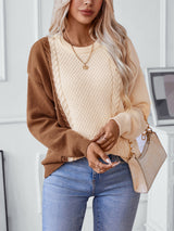 Contrast Round Neck Twisted Long Sleeve Sweater