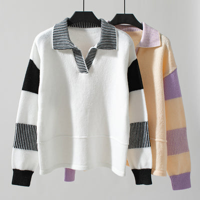 Striped Loose Long Sleeve POLO Neck Sweater