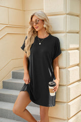 Solid Color Round Neck Pocket Dress