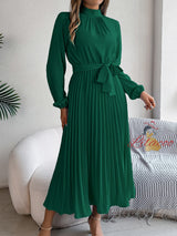 High Neck Long Sleeve Pleated Dress