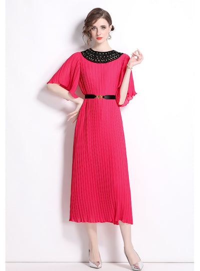 Women Mesh Beaded Pleated Dress